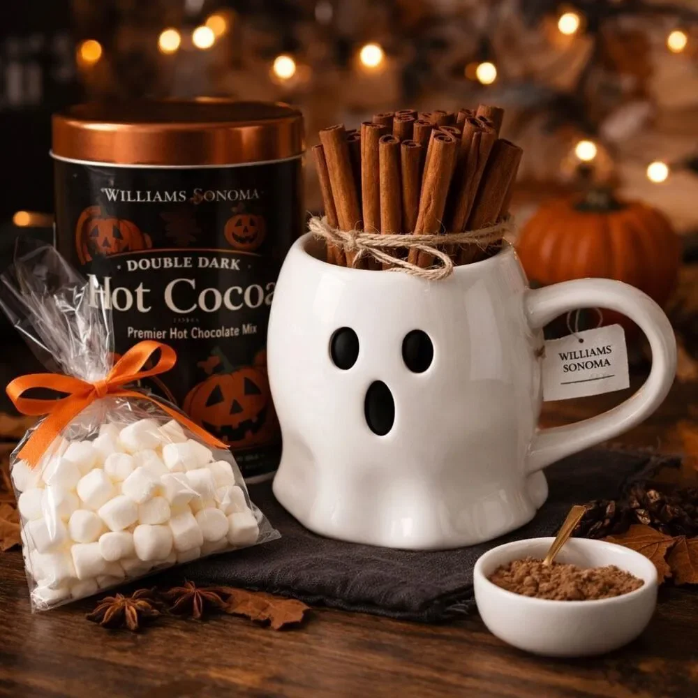 Williams Sonoma Ghost Mug 19oz Halloween Stoneware Spooky Face NWT Coffee Cup